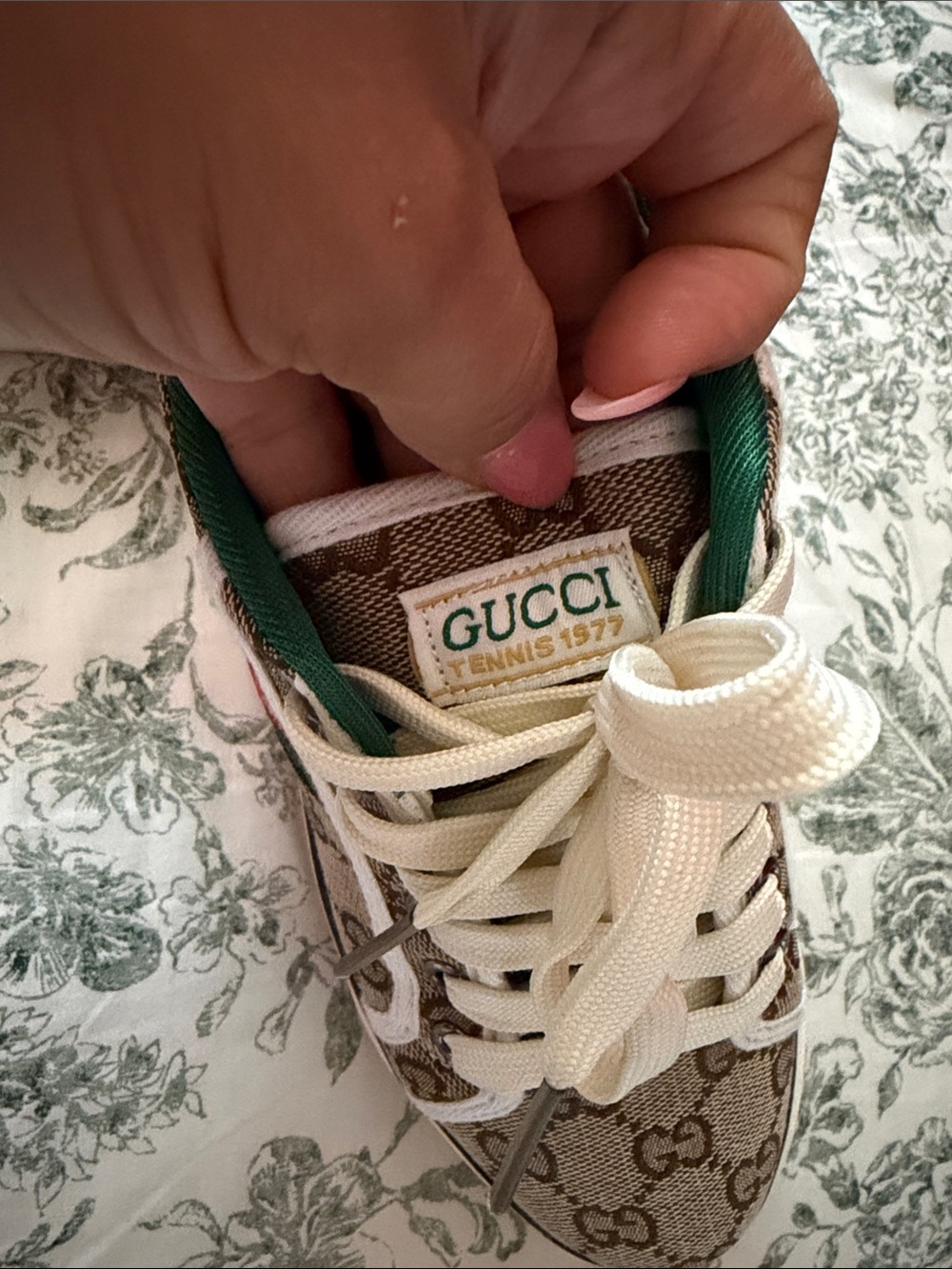 Beige GG Canvas Sneakers with Green Trim and Red Web Stripe - Picture 5 of 5